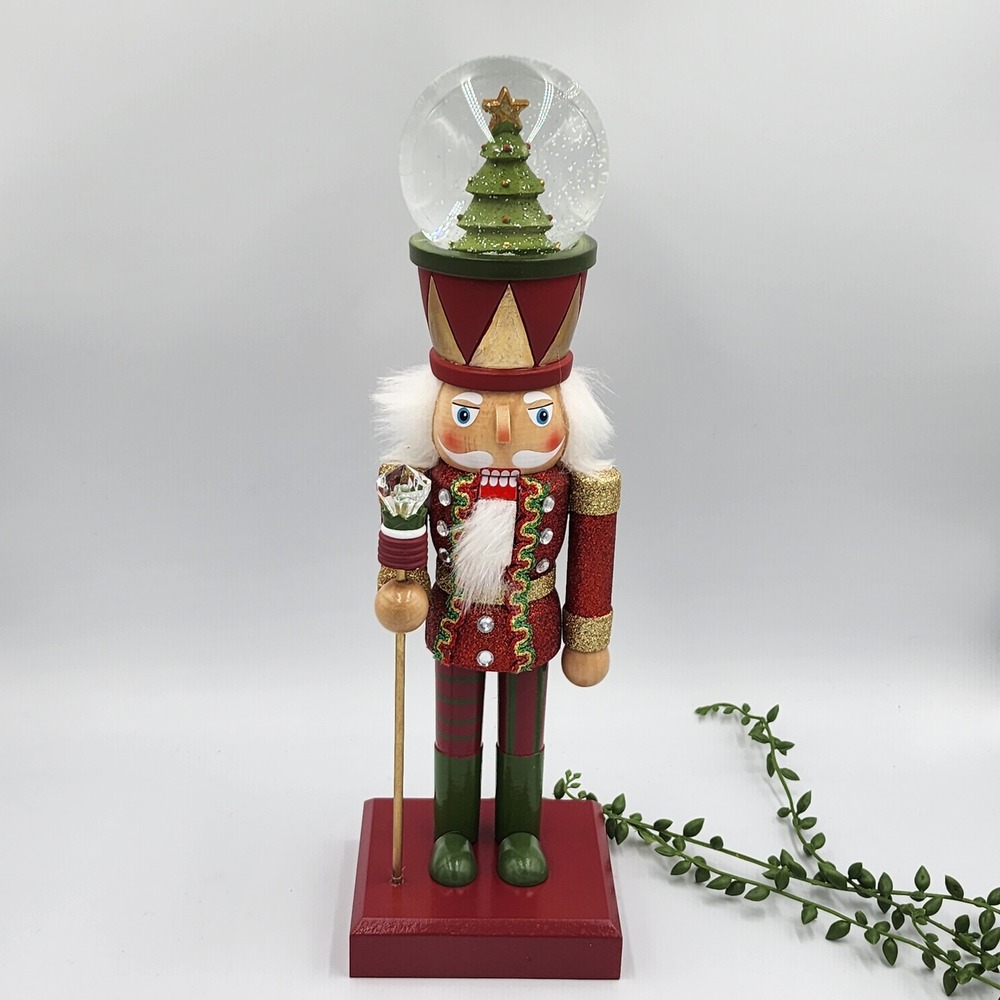 Red Guard Soldier Nutcracker Christmas Tree Snow Globe Hat Wood Holiday 14"